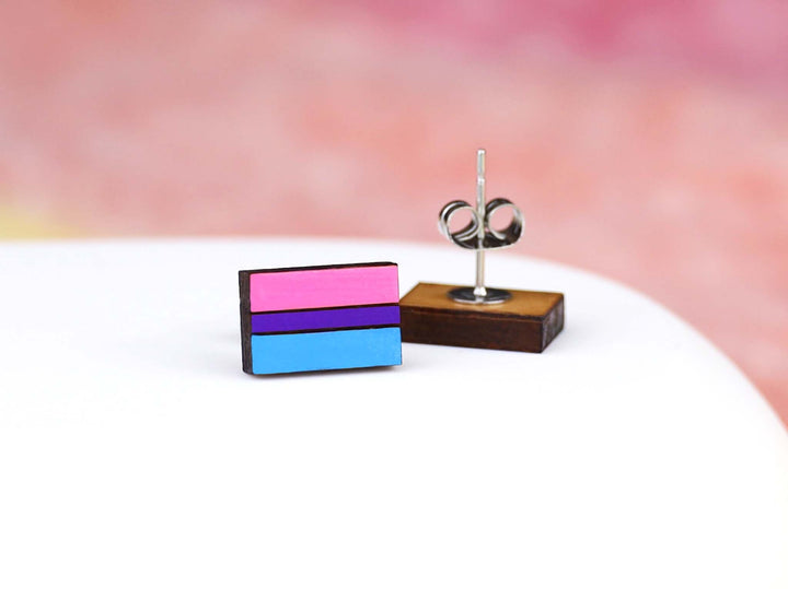 Bisexual Flag Earrings - Hand Painted Wooden Pride Studs with Hypoallergenic Posts - LGBTQ+ Pride