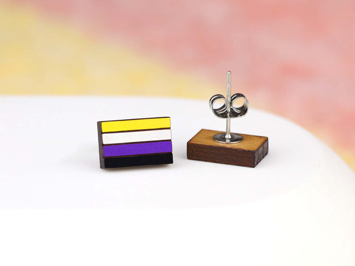 Non-binary Flag Earrings - Hand Painted Wooden Pride Studs with Hypoallergenic Posts - LGBTQ+ Pride