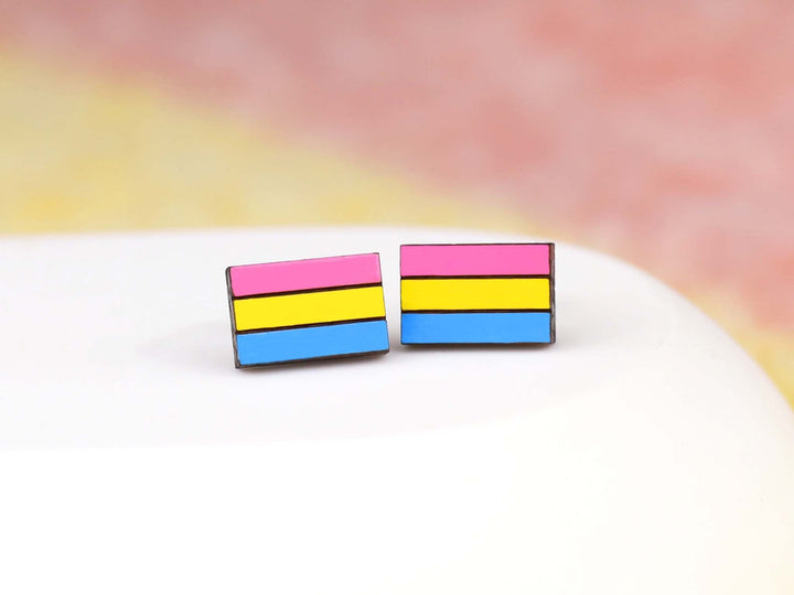 Pansexual Flag Earrings - Hand Painted Wooden Pride Studs with Hypoallergenic Posts - LGBTQ+ Pride