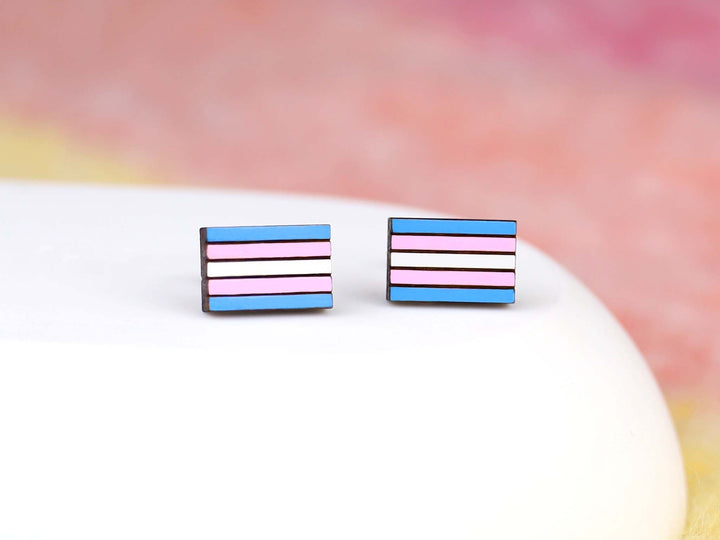 Transgender Flag Earrings - Hand Painted Wooden Transexual Studs with Hypoallergenic Posts - LGBTQ+ Pride