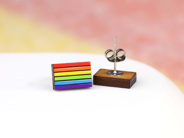 Pride Flag Earrings - Hand Painted Wooden Rainbow Studs with Hypoallergenic Posts