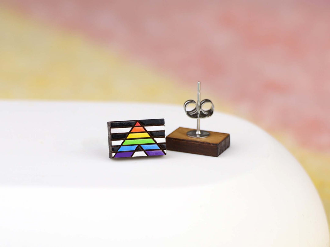 Straight Ally Flag Earrings - Hand Painted Wooden Pride Studs with Hypoallergenic Posts - LGBTQ+ Pride