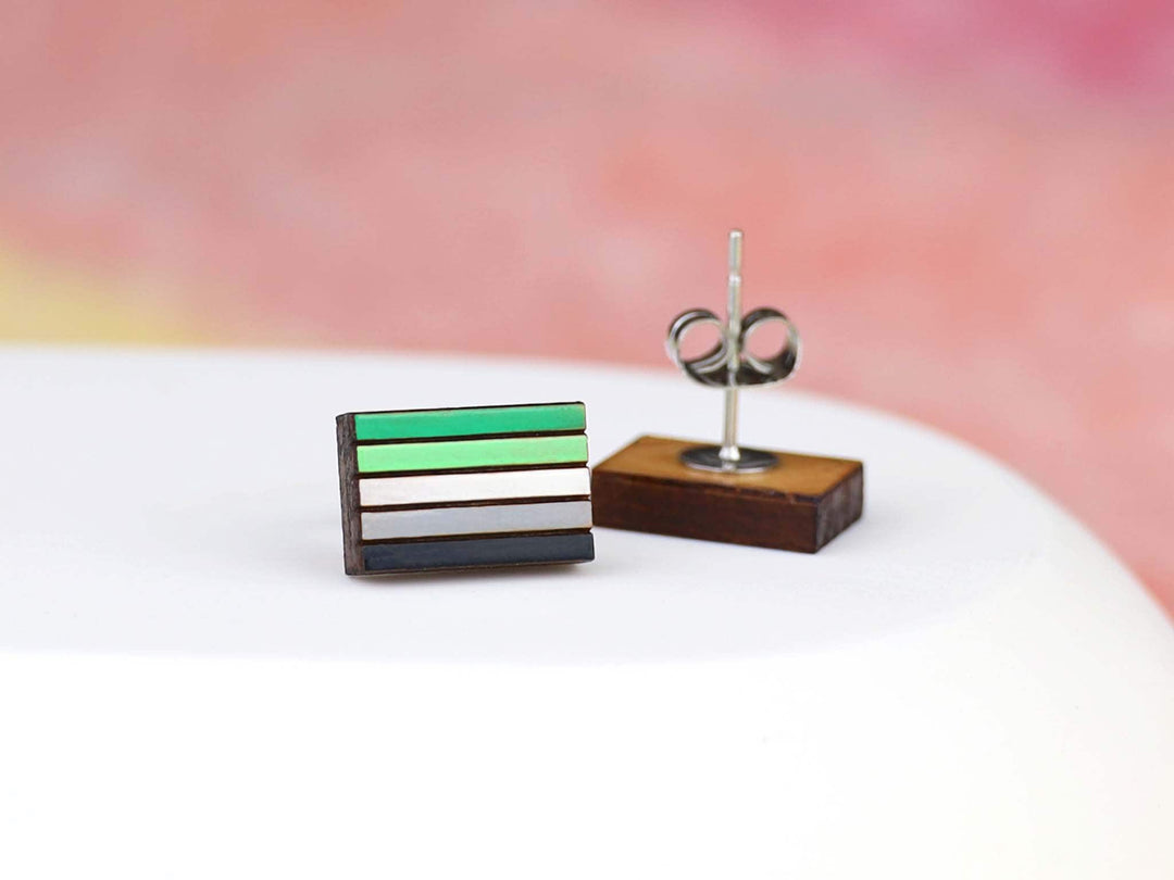 Aromantic Flag Earrings - Hand Painted Wooden Pride Studs with Hypoallergenic Posts - LGBTQ+ Pride