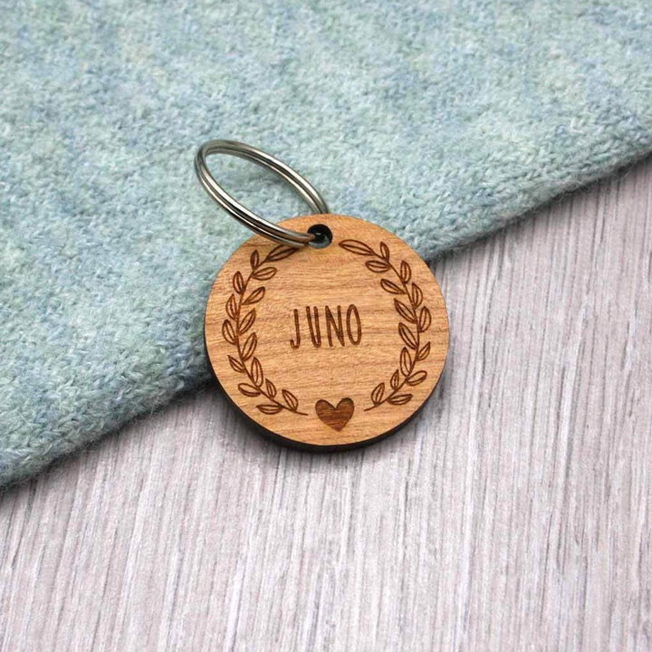 Wooden Floral Wreath Personalised Dog Tag - IttyBittyFox